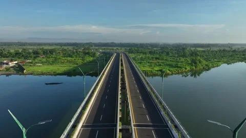 Aerial View of Empty Highway Bridge at Dawn Without People Stock Footage 269589681
