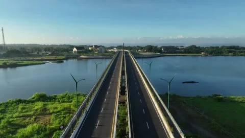 Aerial View of Empty Highway Bridge at Dawn Without People Stock Footage 269592157