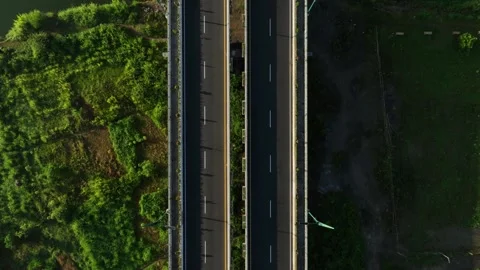 Aerial View of Empty Highway Bridge at Dawn Without People Stock Footage 269593044
