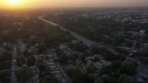 Aerial View Empty highway roads, city lockdown due to SARS-CoV-2, coronavirus Stock Footage 127286127