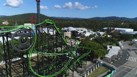 Aerial view of an empty Lantan rollercoaster ride at Movie World Gold Video stock 139277811