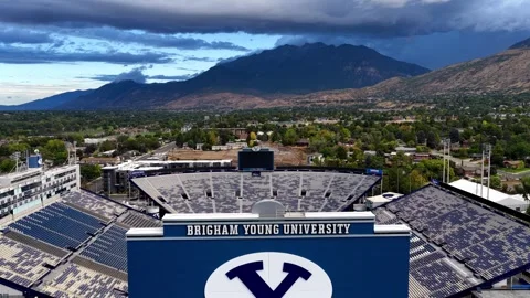 Aerial View of Empty LaVell Edwards Stadium at Twilight, Brigham Young Stock Footage 345961111