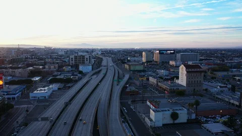 Aerial view of empty Los Angeles freeway and roads due to coronavirus pandemic Video stock 127215778