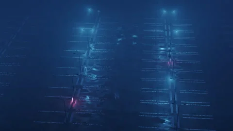 Aerial View of an empty parking lot in foggy night with street lamps and puddles Stock Footage 344428349