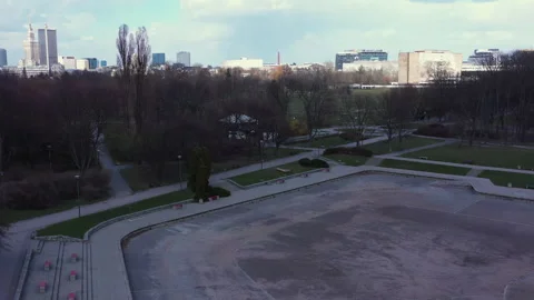 Aerial view of empty public park during Covid-19 pandemic in Warsaw Stock-Footage 136478917