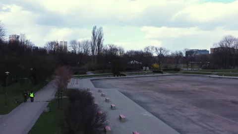 Aerial view of empty public park during Covid-19 pandemic in Warsaw Stock-Footage 136479162