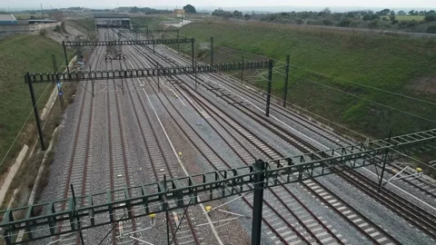 Aerial view of empty railroads of a train station Stock Footage 136828888