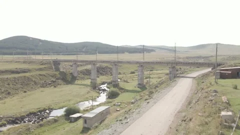 Aerial view of empty Railway bridge in Samtskhe-Javakheti region, Georgia. Video stock 161851130