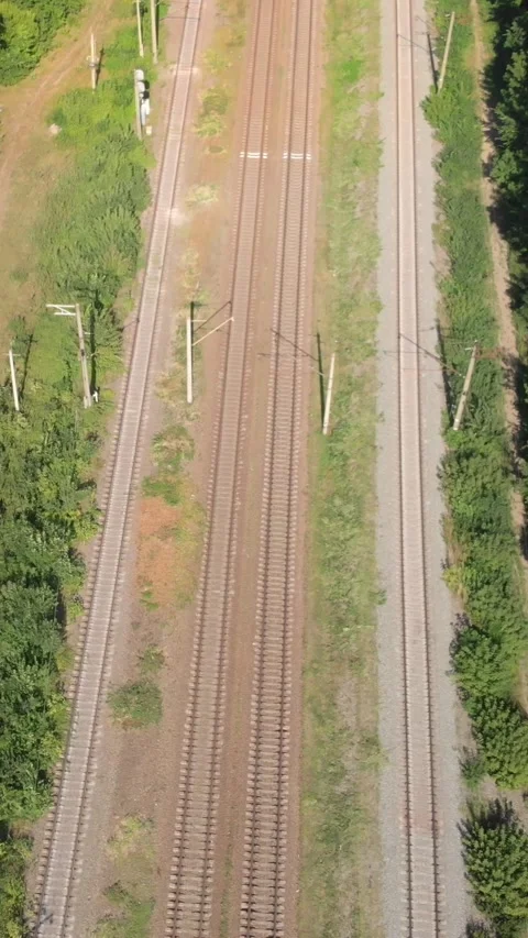 Aerial view of empty railway tracks in green landscape Video stock 347367350