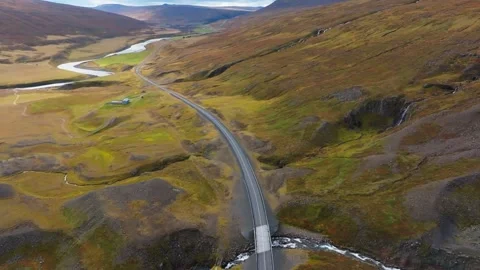 Aerial View Of Empty Road And River Bridge In Myvatn Iceland In Autumn Vídeo Stock 348364977