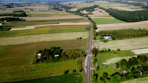Aerial View Of Empty Road Between Fields On A Sunny Day In Poland Stock Footage 251653811