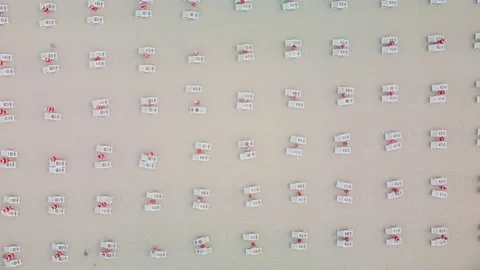 Aerial view of empty sandy beach with beach umbrellas and chairs at summer day Stock Footage 200158017