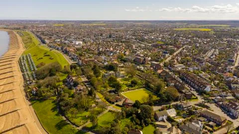 An aerial view of an empty sandy beach. Pandemic quarantine. Whitstable, Kent Stock Photos