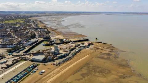 An aerial view of an empty sandy beach. Pandemic quarantine. Whitstable, Kent Stock Photos