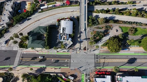 Aerial view of empty Santa Monica streets due to coronavirus pandemic outbreak Stock Footage 127218707