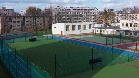 Aerial view of empty school due to Covid-19 pandemic lockdown Video stock 136480063