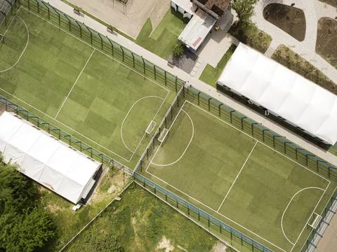 Aerial view of empty soccer fields in Europe Stock Photos