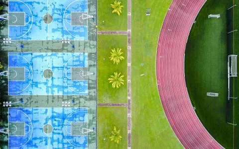 Aerial view of empty sport fields on the university campus. Stock Photos