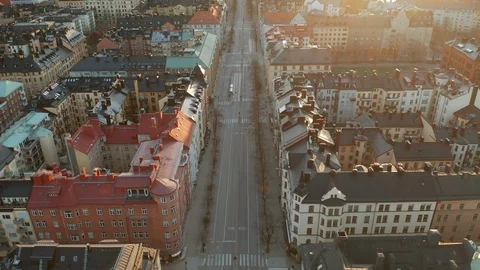 Aerial view of empty street in Stockholm during sunrise due to Corona Covid-19 Stock Footage