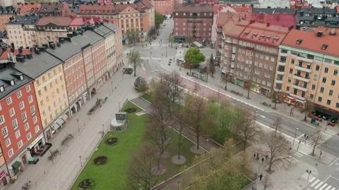 Aerial view of empty streets &amp; buildings in Stockholm Coronavirus pandemic Stock Footage 131165714
