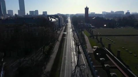 Aerial view of empty streets due to coronavirus lockdown in Warsaw Stock Footage 136482415