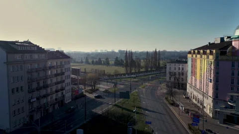 Aerial view of empty streets during Covid-19 lockdown in Warsaw city center Video stock 136482442