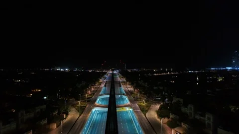 Aerial view of empty streets at night in Dubai, United Arab Emirates Stock Footage