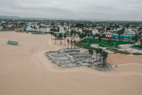 Aerial View of Empty Venice Beach Skatepark morning vibe with no people Stock Photos