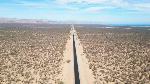 Aerial view of endless desert road in La Paz, Mexico with scenic arid landscape Stock Footage 311047210