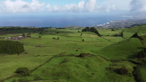 Aerial View of Endless Green Fields Stretching Towards the Ocean Horizon in the 库存影片 301734477