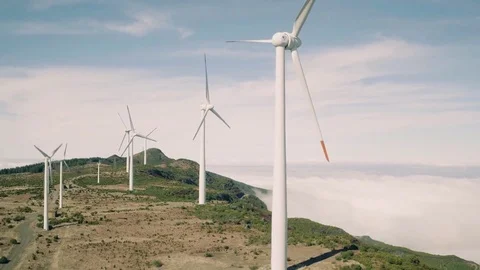 Aerial View of Energy Producing Wind Turbines Stockbeeldmateriaal 72305423