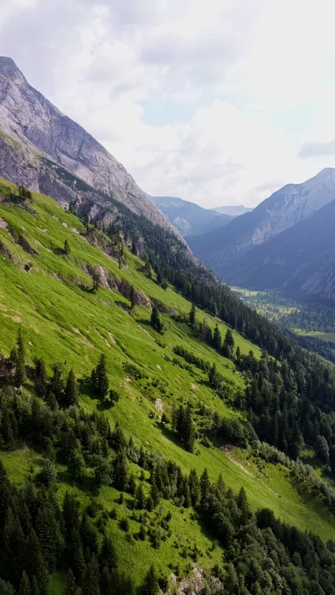 Aerial View of Eng Alm Valley in Austrian Alps, Vertical Drone Shot Stock Footage 340534959