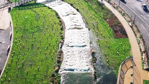 Aerial view of engineered River Avon channel and flood management landscape in Stock Footage 331944821