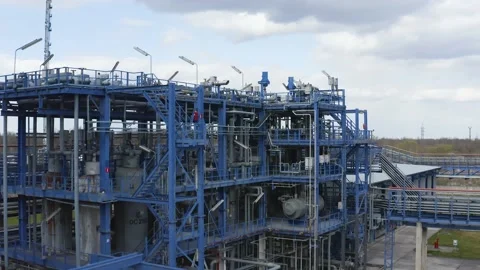 Aerial view of engineering complex, Oil and Gas refinery tower in petroleum Stock Footage 170147486