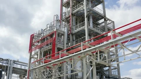 Aerial view of engineering complex, Oil and Gas refinery tower in petroleum Stock Footage 170148302