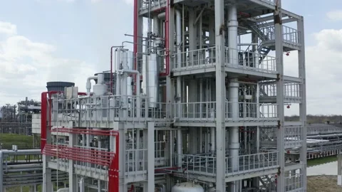 Aerial view of engineering complex, Oil and Gas refinery tower in petroleum Stock Footage 170148399