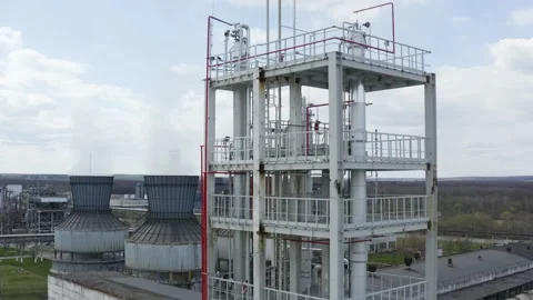 Aerial view of engineering complex, Oil and Gas refinery tower in petroleum Stock Footage 170148517