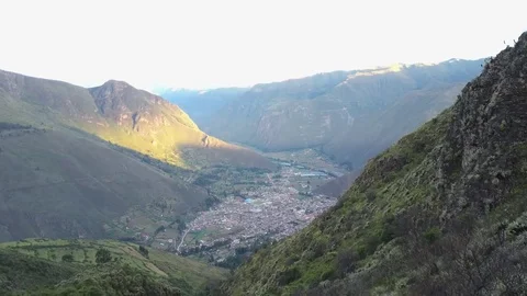 Aerial View of Epic Mountains, Sky, Clouds and Old Peruvian City at Sunset Stock Footage 75746852