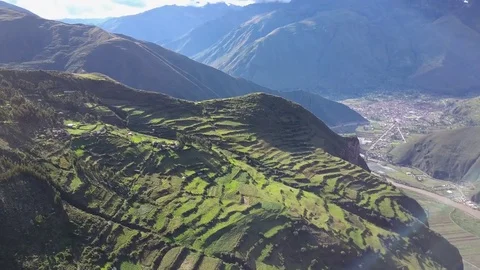 Aerial View of Epic Mountains, Sky, Clouds and Old Peru City Stock Footage 75762383