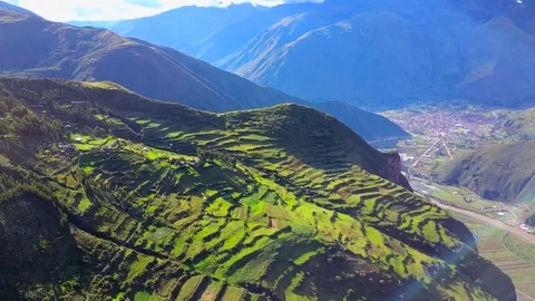 Aerial View of Epic Mountains, Sky, Clouds and Old Peru City Stock Footage 75762400