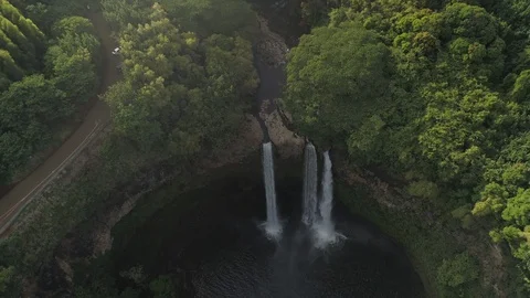 Aerial View of Epic Reveal of Beautiful Waterfall Wailua Falls in Kauai, Hawaii Stock Footage