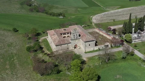 Aerial view of Ermita de Nuestra Señora de Tiedra Vieja, Valladolid Stock Footage 154051595