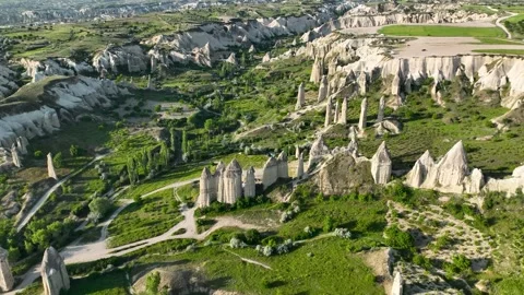 Aerial View of Eroded Ridges and Rocky Valleys in Cappadocia Stock Footage 218630137