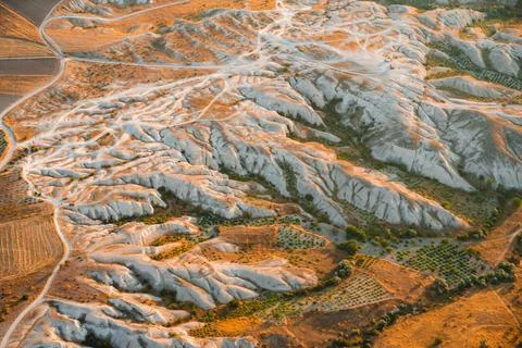 Aerial view of eroded volcanic valleys in Cappadocia, Nevsehir, Turkey Stock Photos