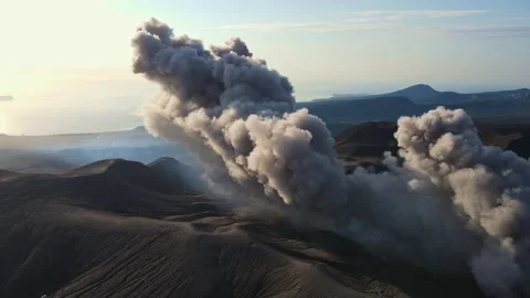 Aerial view of the eruption of ash clouds by Ebeko volcano. Northern Kurils Stock Footage 221770521