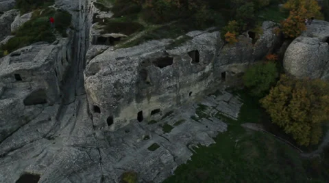 Aerial View: Eski-Kermen cave city, Near Bakhchisaray, Crimea. Autumn 2013. Stock Footage 36615530