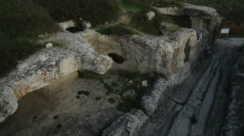 Aerial View: Eski-Kermen cave city, near Bakhchisaray, Crimea. Stock Footage 36615575