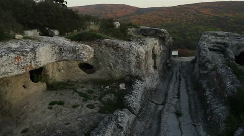 Aerial View: Eski-Kermen cave city, near Bakhchisaray, Crimea. Stock Footage 36615756