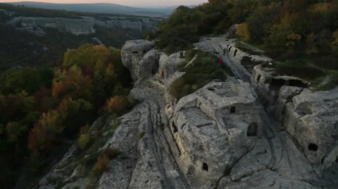 Aerial View: Eski-Kermen cave city, near Bakhchisaray, Crimea. Stock Footage 36615875