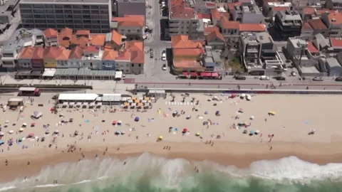 Aerial View of Espinho Beach and Town Promenade Stock Footage 332573506